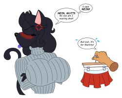  accent alex_dogg_(alexdoggdraws) alexdoggdraws angry black_hair blush cat_girl clothed dialogue dog_boy femsub furry ingrid_black_cat_(alexdoggdraws) large_breasts lipstick long_hair maledom original sweat sweater tail 