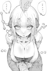  bangs blush breasts cleavage clothed coin drool expressionless eye_roll female_only femsub greyscale hair_ornament huge_breasts monochrome original pendulum phantom_hand shiro_iku short_hair simple_background sitting solo spiral_eyes straight-cut_bangs white_background 