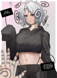  ahoge brown_eyes confused crop_top dialogue drool eroborne femsub midriff mole open_mouth pov pov_dom short_hair simple_background speech_bubble spiral sweater tagme text thong white_hair 
