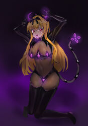 arifureta_shokugyou_de_sekai_saikyou beiting_swagg!_e blonde_hair bodysuit boots bow breasts drool female_only femsub gloves glowing hair_ornament horns navel open_mouth pasties purple_background red_eyes rubber see-through simple_background solo tail tears thigh_boots thighhighs tongue tongue_out very_long_hair yue_(arifureta)