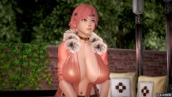  3d absurdres bell_collar belt breasts character_request cleavage coat collar collarbone comic dollification expressionless female_only femsub glowing glowing_eyes huge_breasts indifferent navel original pink_hair pov pov_dom purple_eyes sitting solo spartan712 super_hero text tomboy unaware watermark 