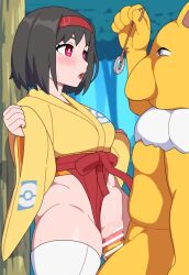 black_hair censored dazed empty_eyes erika_(pokemon) femsub hypno japanese_clothing kabeume kimono maledom nintendo open_mouth pendulum penis pokemon pokemon_(creature) pussy red_eyes sex short_hair sweat thighhighs vaginal