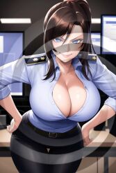 ai_art animated animated_gif blue_eyes brown_hair chroniccomedy_(manipper) cleavage femdom hypnotic_breasts manip original spiral tagme