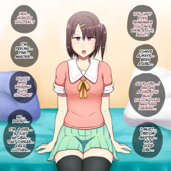  androgynous blush bow brown_hair comic crossdressing dialogue femboy feminization good_sub_conditioning hair_ornament happy_trance hypno_neet male_only maledom malesub memory_alteration open_mouth original pink_eyes short_hair side_ponytail sitting skirt speech_bubble text thighhighs trap yaoi 
