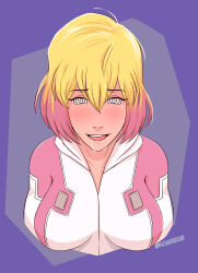 absurdres blonde_hair blush breasts dazed drool female_only femsub gwen_poole gwenpool happy_trance koari_zue large_breasts marvel_comics messy_hair multicolored_hair open_clothes open_mouth pink_hair short_hair smile spiral_eyes super_hero symbol_in_eyes