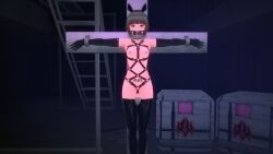 3d bare_shoulders black_hair bondage boots box brown_eyes collar cross crotch_tattoo custom_maid_3d_2 dildo_gag fake_animal_ears female_only femsub gag gloves harness li_q looking_at_viewer navel nipple_piercing nipples opera_gloves piercing restrained short_hair small_breasts solo straight-cut_bangs tattoo thigh_boots thighhighs 