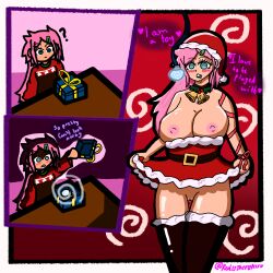  before_and_after blue_eyes breasts breasts_outside christmas comic dialogue dollification drool female_only femsub gift green_lipstick hair_clips holly hypnotic_light lipstick long_hair original pink_hair pussy pussy_juice redisthere santa_costume santa_hat skirt skirt_lift spiral spiral_background spiral_eyes symbol_in_eyes text thighhighs 