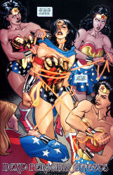 bare_legs bare_shoulders bernard_chang black_hair boots bracers brad_anderson breasts cleavage collarbone comic corset costume crown dc_comics earrings female_only femdom femsub lasso_of_truth multiple_girls multiple_persona multiple_subs official peril restrained skirt super_hero text western whitewash_eyes wonder_woman