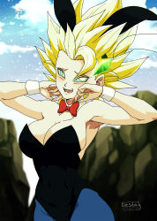  absurdres blonde_hair blush bow breasts bunny_ears bunnysuit caulifla cleavage cuffs dragon_ball dragon_ball_super drool femsub happy_trance kaa_eyes large_breasts liesday multicolored_eyes open_mouth pendulum smile spiral_eyes symbol_in_eyes 