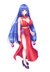 18saduka belt blue_eyes blue_hair blush breasts cleavage cleavage_cutout cyril_(welcome!_hypnotic_village) dress empty_eyes expressionless eyebrows_visible_through_hair female_only femsub flower hair_ornament high_heels huge_breasts jewelry official open_mouth preview sideboob simple_background solo standing very_long_hair welcome!_hypnotic_village white_background