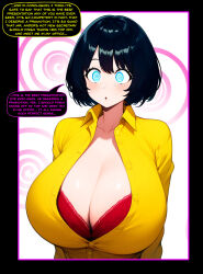  ai_art black_hair blue_eyes breasts cleavage dialogue femsub financial_domination huge_breasts maledom manip milf office_lady original spiral_eyes symbol_in_eyes tagme tech_control text tiechonortheal_(manipper) 