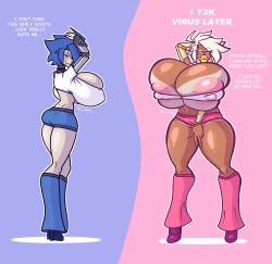 before_and_after bimbofication blonde_hair blue_hair femsub hyper_breasts large_breasts lipstick original pink_eyes robot_girl scorch_(zuoo0202) text transformation zuoo0202 