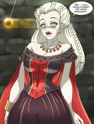  bare_shoulders bracelet breasts cape cleavage coin dialogue dress earrings empty_eyes female_only femsub game_of_thrones green_eyes hourglass_figure house_of_the_dragon humor jewelry large_breasts long_hair milf necklace open_mouth pale_skin pendulum rhaenys_targaryen royalty slouching solo speech_bubble standing text zorro-zero 