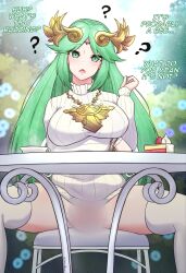 bottomless breasts cake censored chair clothed confused crown dialogue empty_eyes eshie exhibitionism female_only femsub food goddess green_eyes green_hair jewelry kid_icarus large_breasts necklace nintendo open_mouth palutena sex_toy sitting solo spread_legs sweater table tagme text thighhighs translated unaware under_table very_long_hair vibrator 