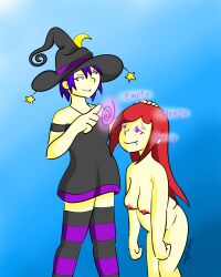 blue_hair chubby dress drool eepydoodlezzz femdom femsub glowing_eyes happy_trance heavy_eyelids hypnotic_fingers large_breasts magic naughty_smile nipples nude original purple_eyes red_hair sleepy spiral text tights witch witch_hat