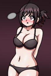  arms_behind_back bare_legs blush bra brown_eyes brown_hair cleavage collarbone empty_eyes expressionless female_only femsub httpwwwcom huge_breasts large_breasts lingerie navel open_mouth original panties pendulum ponytail short_hair simple_background solo standing 