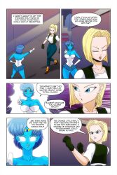 absurdres android_18 bare_shoulders blonde_hair blue_eyes blue_hair blue_skin breasts cleavage comic crossover dragon_ball dragon_ball_z empty_eyes femsub gloves glowing glowing_eyes happy_trance large_breasts multiple_girls opera_gloves sailor_mercury sailor_moon_(series) smile text wadevezecha whitewash_eyes