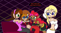 alternate_costume arms_above_head blonde_hair breasts breath_of_the_wild brown_hair capcom cleavage crossover dancer dancing dark_skin dialogue disney earrings elf_ears english_text gerudo harem harem_outfit hypnoscream kingdom_hearts large_breasts long_hair looking_back makeela_riju megaman_(series) megaman_legends_(series) midriff namine navel nintendo red_hair ring_eyes sitting smile sora speech_bubble square_enix tears_of_the_kingdom text the_legend_of_zelda tron_bonne