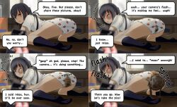  ass azusa_nakano black_hair blush boots brown_eyes camera comic disgustinggirl_(manipper) femsub k-on! knee-high_boots looking_at_viewer manip panties pov pov_dom resisting scat socks spiral_eyes symbol_in_eyes tech_control text twintails underwear 
