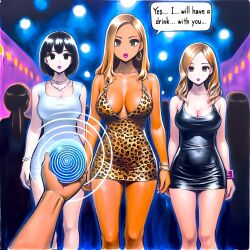 ai_art black_hair blonde_hair bracelet brown_hair earrings empty_eyes english_text expressionless eyeshadow femsub hellsing002_(generator) hypnotic_accessory jewelry leopard_print lipstick long_hair makeup maledom miniskirt multiple_girls multiple_subs nail_polish speech_bubble spiral tech_control