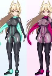 alternate_color_scheme alternate_costume angry asu_to bangs barcode before_and_after blonde_hair bodysuit boots breasts cat_ears cleavage clothed_exposure crotch_tattoo empty_eyes expressionless female_only femsub gloves kuon_nagumo_(asu_to) large_breasts long_hair looking_at_viewer navel nipples original red_eyes rubber scarf see-through simple_background smile solo sword thigh_boots thighhighs unhappy_trance weapon white_background yellow_eyes