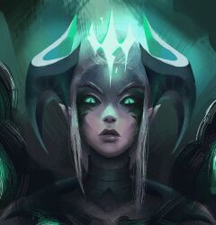 alternate_color_scheme alternate_hair_color alternate_hairstyle control_indicator corruption crown dragon_girl elf_ears eye_color_change facial_markings femsub glowing green_eyes grey_skin horns league_of_legends long_hair maledom pale_skin possession ruination shyvana_(league_of_legends) slit_pupils veyle_(veyleee) viego_(league_of_legends) white_hair