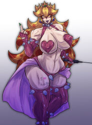 body_writing breasts corruption crown earrings fangs femsub gloves glowing glowing_eyes heart heart_pasties horns huge_breasts jewelry middle_finger midriff nintendo opera_gloves pasties princess princess_peach riding_crop studded_collar super_mario_bros. tao text thighhighs very_long_hair