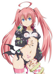  ahoge bangs bat_wings blue_eyes brain_injection breast_grab breasts cameltoe corruption crotch_tattoo empty_eyes expressionless female_only femsub garter groping heart heart_tattoo ikidumi living_costume long_hair looking_at_viewer midriff milim_nava multiple_eyes nail_polish navel panties parasite petite pink_hair pussy see-through simple_background small_breasts solo standing tattoo tentacle_sex tentacles that_time_i_got_reincarnated_as_a_slime thighhighs twintails white_background wings 