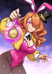 bunny_ears cleavage glowing hadant hair_covering_one_eye hat long_hair looking_at_viewer orange_hair original pendulum pink_eyes pocket_watch pov_sub