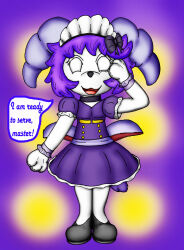  ayuko_(jcroth) choker empty_eyes furry goat_girl horns indeedee maid maid_headdress nintendo open_mouth pokemon purple_hair saluting standing standing_at_attention text unownace 