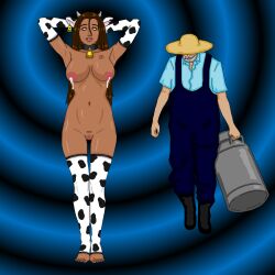  absurdres armpits arms_above_head barcode barefoot beard bell_collar boots bottomless breasts brown_hair collar collarbone cow_girl cow_print cowbell dark_skin earrings expressionless femsub gloves grey_hair hand_on_head hat horns hucow inverted_nipples lactation large_breasts light_skin long_hair milk mole mspainter navel nipples open_mouth opera_gloves posing pussy shirt simple_background spiral_background standing suspenders tattoo thigh_gap topless very_long_hair whitewash_eyes 