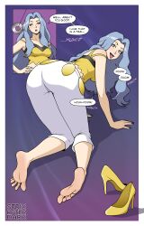 all_fours ass barefoot before_and_after blue_background blue_eyes blue_hair border coin collarbone crop_top curly_hair dog_girl drool feet female_only femsub happy_trance high_heels jewelry karen_(pokemon) large_ass long_hair nail_polish nintendo open_mouth pants pendulum pet_play pokemon pokemon_gold_silver_and_crystal solo strix text tongue