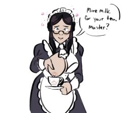 aina_(inkyfluffsdraws) black_hair breasts breasts_outside female_only femsub happy_trance holding_breasts inkyfluffsdraws lactation maid milking open_clothes open_mouth original text