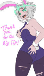 ass ass_grab aura bare_shoulders blush breast_fondling breast_grab breasts bunny_ears bunny_girl bunnysuit control_indicator crown cuffs dark_skin drool english_text femsub green_eyes grey_hair happy_trance holding_breasts league_of_legends looking_at_viewer looking_back maledom nail_polish open_mouth pantyhose possession riven_(league_of_legends) ruination short_hair smile text tie tight_clothing tights torn_clothes vel viego_(league_of_legends) white_background