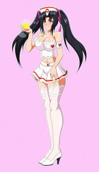 absurdres black_hair breasts cleavage condom dlobo777 empty_eyes female_only femsub happy_trance hat heart high_heels high_school_dxd large_breasts long_hair midriff navel nurse open_mouth pink_eyes serafall_leviathan simple_background skirt solo thighhighs twintails