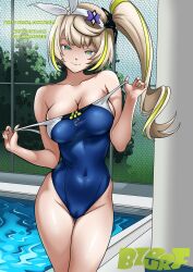 absurdres altered_common_sense bangs bare_shoulders blonde_hair blue_eyes breasts bzurrrf cameltoe cleavage female_only femsub girls_frontline hair_ribbon huge_breasts hypnovember looking_at_viewer multicolored_hair one-piece_swimsuit outdoors ponytail pool sharkry_(girls_frontline) side_ponytail smile smug solo standing swimsuit unaware undressing unusual_pupils water