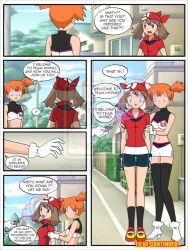  brown_hair comic dialogue empty_eyes expressionless femsub jimryu may misty nintendo pokemon pokemon_(anime) red_hair short_hair standing standing_at_attention team_hypno tech_control text thighhighs 