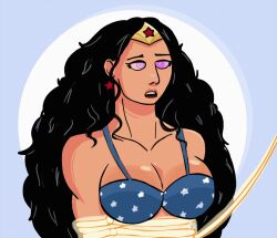 animated animated_eyes_only animated_gif bikini black_hair bondage breasts dc_comics earrings femsub happy_trance heavy_eyelids lasso_of_truth long_hair muscle_girl open_mouth ping pink_eyes piperplops simple_background smile solo spiral_eyes spiralwash_eyes super_hero wonder_woman