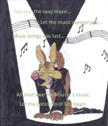 all_fours coyote_boy flower furry happy_trance hypnotic_audio hypnotic_music looking_at_viewer looney_tunes male_only maledom malesub manip music solo spiral_eyes suit symbol_in_eyes text timon-berkowitz wile_e._coyote
