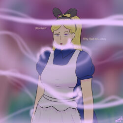  alice alice_in_wonderland blonde_hair bow dazed dialogue dress drool eye_roll hair_band hypnotic_gas long_hair m00n_key open_mouth pink_eyes signature solo standing text 