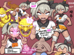  angry bea_(pokemon) before_and_after bow confused defeated domaguri eye_roll femsub grey_hair hairband hitmontop hypno knee_pads korean_text maledom nintendo pendulum pokemon pokemon_sword_and_shield resisting short_hair sweat text translation_request v violence whitewash_eyes 