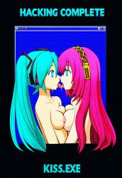 ai_art bottomless computer empty_eyes english_text expressionless femsub glowing glowing_eyes green_hair hacking headphones hellsing002_(generator) kissing long_hair luka_megurine miku_hatsune monitor nipples nude pink_hair sub_on_sub tech_control text tongue tongue_out topless twintails vocaloid