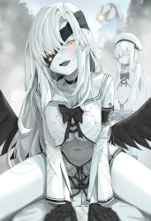 arm_bands blue_archive breasts choker cleavage corruption decagrammaton enemy_conversion eye_color_change hat ichika_(blue_archive) junyi justice_task_force_member_(blue_archive) long_hair open_mouth smile symbol_in_eyes underboob white_hair white_skin wings yellow_eyes