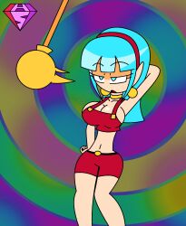 aged_up androgynous_dom arms_above_head bare_shoulders belt blue_hair bulla_briefs choker cleavage collarbone crop_top dragon_ball dragon_ball_gt earrings empty_eyes expressionless eyebrows_visible_through_hair eyelashes femsub gradient_background hand_on_hip heavy_eyelids hypnoscream large_breasts midriff navel open_mouth pendulum pocket_watch posing pov_dom ring_background shiny_hair shiny_skin shorts simple_background solo standing straight-cut_bangs wide_hips