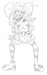 bow breasts clown crossed_eyes diaper female_only happy_trance large_breasts lineart luckyluckyluckypenny open_mouth original solo thighhighs tongue tongue_out twintails