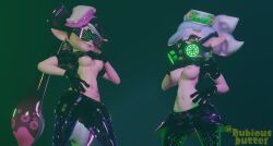  callie_(splatoon) corruption dubious_butter enemy_conversion erect_nipples exposed_chest female_only femsub gas_mask hypnoshades hypnotic_accessory hypnotic_gas marie_(splatoon) midriff multiple_girls nintendo shirt_lift splatoon splatoon_2 squid_sisters tattoo topless visor 