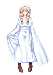  18saduka blonde_hair blue_eyes boots breasts cloak clothed collarbone empty_eyes expressionless eyebrows_visible_through_hair female_only femsub large_breasts large_hips long_hair official open_mouth philia_(welcome!_hypnotic_village) preview robe simple_background solo standing twin_braids welcome!_hypnotic_village white_background 