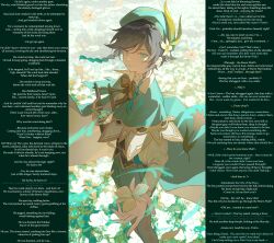 amnesia aware braid cape caption caption_only clothed dialogue english_text flower_in_hair genshin_impact green_eyes hat looking_at_viewer maledom malesub memory_alteration pov pov_sub resisting short_hair smile standing stewarone_(manipper) text venti_(genshin_impact)