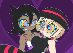  aged_up ash_ketchum bare_shoulders black_hair breasts carrying clothed dark_skin earrings femsub happy_trance hat heart hypnoscream kaa_eyes large_breasts nintendo pokemon pokemon_(anime) pokemon_x_and_y serena short_hair smile tagme 