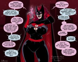 batman_(series) batwoman belt bimbofication breast_expansion breasts cape cleavage cleavage_cutout dc_comics dialogue english_text erect_nipples gloves glowing_eyes hypnotic_gas hypnovember kate_kane leotard long_hair mask polmanning red_hair renee_montoya smile speech_bubble super_hero text